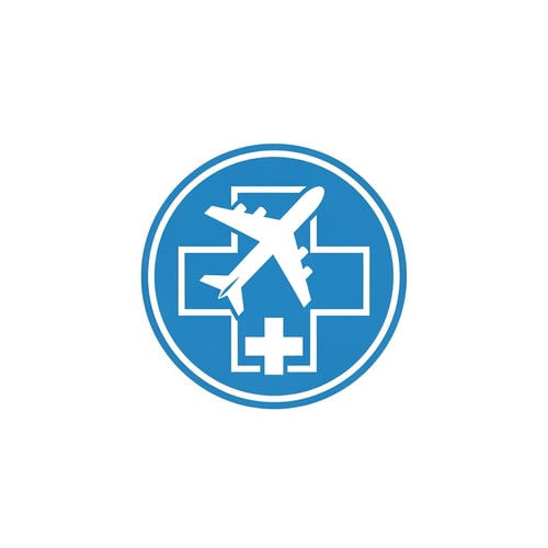 AI Design for A minimalist logo for a medical tourism company featuring a stylized airplane silhouette merged with a medical cross symbol — Centered circular emblem with geometric and symmetrical balance, Professional medical blues and clean white, Bright, modern, and trustworthy, Flat vector graphic with clean lines and no gradients, Use only the icon; strictly no text, letters, or numbers; the airplane and medical symbol must be contained within a solid circle, Isolated on a plain white background.