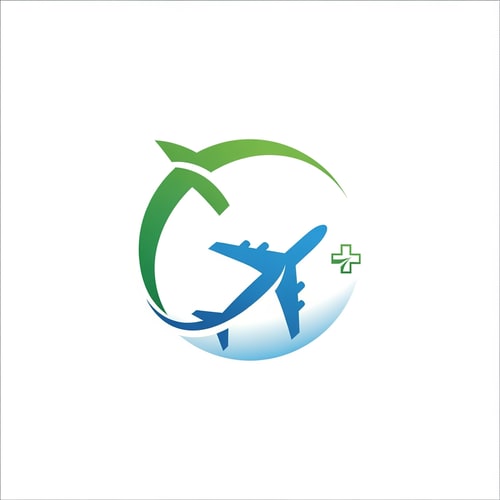 AI Design for Flyhealth a medical tourism logo airplan symbol in round only logo not use text