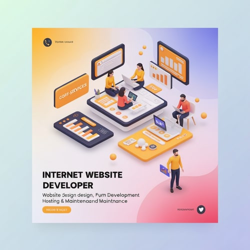 AI Design for give me a social media post of Internet Website Developers, text showing services seen in 3d color is dark orange & yellow