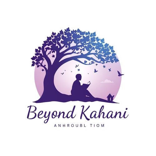AI Design for Logo for 'Beyond Kahani' — a silhouette of a person sitting under a tree reading a book, with magical elements (birds, stars, clouds) emerging from the book. Soft gradients of purple and teal, dreamy artistic style.