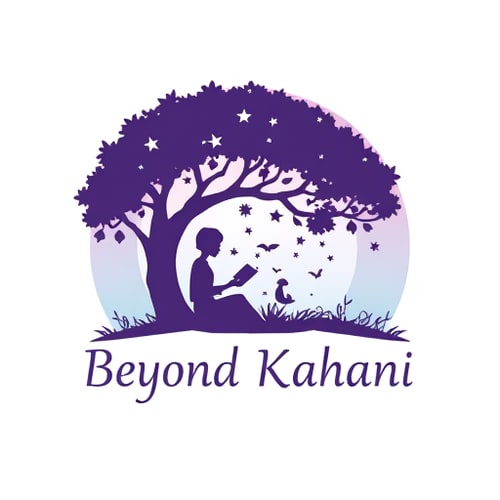 AI Design for Logo for 'Beyond Kahani' — a silhouette of a person sitting under a tree reading a book, with magical elements (birds, stars, clouds) emerging from the book. Soft gradients of purple and teal, dreamy artistic style.