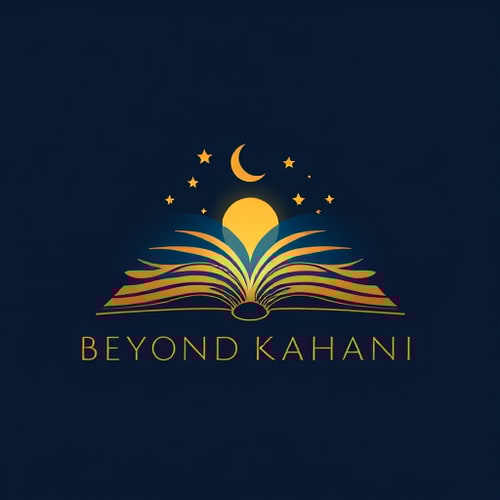 AI Design for A minimalist yet mystical logo for 'Beyond Kahani', featuring an open book with glowing pages transforming into stars, moon, and abstract waves. Elegant typography, dark blue and golden tones, modern flat design, cinematic feel.