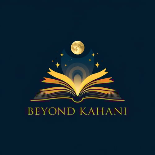 AI Design for A minimalist yet mystical logo for 'Beyond Kahani', featuring an open book with glowing pages transforming into stars, moon, and abstract waves. Elegant typography, dark blue and golden tones, modern flat design, cinematic feel.
