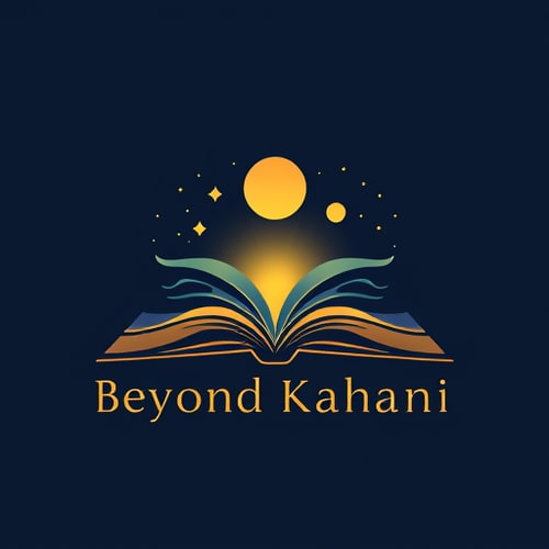 AI Design for A minimalist yet mystical logo for 'Beyond Kahani', featuring an open book with glowing pages transforming into stars, moon, and abstract waves. Elegant typography, dark blue and golden tones, modern flat design, cinematic feel.