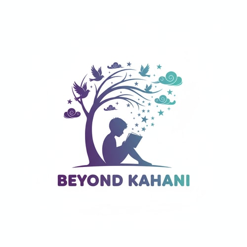 AI Design for Logo for 'Beyond Kahani' — a silhouette of a person sitting under a tree reading a book, with magical elements (birds, stars, clouds) emerging from the book. Soft gradients of purple and teal, dreamy artistic style.
