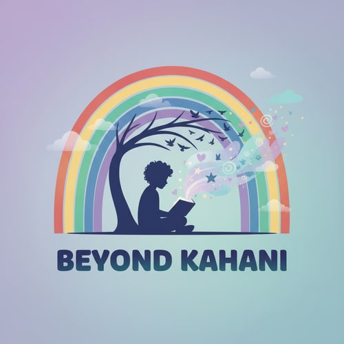 AI Design for Logo for 'Beyond Kahani' — a silhouette of a person sitting under a tree reading a book, with magical elements (birds, stars, clouds) emerging from the book. Soft gradients of purple and teal, dreamy artistic style.rainbow at background
