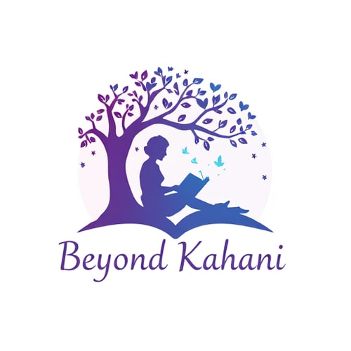AI Design for Logo for 'Beyond Kahani' — a silhouette of a person sitting under a tree reading a book, with magical elements (birds, stars, clouds) emerging from the book. Soft gradients of purple and teal, dreamy artistic style.