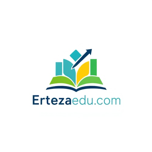 AI Design for Minimalist for an educational platform named "Ertezaedu.com": an abstract representation of growth and knowledge, encompassing a book or an upward-trending graph, Modern and clean, with a primary palette of deep blues and vibrant greens, accented by a touch of warm yellow, sans-serif font, clean and legible, inspired by flat design and modern digital interfaces, abstract shapes with subtle gradients, solid background