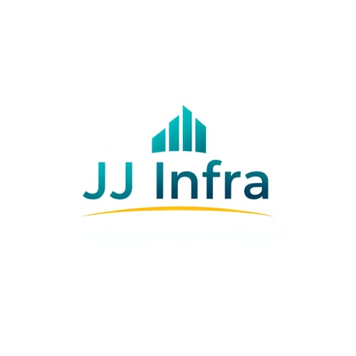 AI Design for A logo design featuring the word "JJ Infra" set in a clean, modern sans-serif typeface in small size . The "J" in "JJ Infra" subtly transforms into meaningful symbol for buildings and construction, suggesting growth and progress, with a gentle gradient of teal to dark blue. Beneath the logo, a thin, horizontal line in gold adds a touch of sophistication, Above the word 'JJ Infra' create unique bold symbol for budlings and constructions  and infrastructure that specify to the construction business ,while the background is a crisp white, ensuring readability and a professional feel. The overall design is minimalist yet impactful, embodying trust and forward momentum for a performance-driven brand. The symbol should have Hidden D letter in it