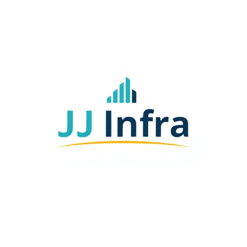 AI Design for A logo design featuring the word "JJ Infra" set in a clean, modern sans-serif typeface in small size . The "J" in "JJ Infra" subtly transforms into meaningful symbol for buildings and construction, suggesting growth and progress, with a gentle gradient of teal to dark blue. Beneath the logo, a thin, horizontal line in gold adds a touch of sophistication, Above the word 'JJ Infra' create unique bold symbol for budlings and constructions  and infrastructure that specify to the construction business ,while the background is a crisp white, ensuring readability and a professional feel. The overall design is minimalist yet impactful, embodying trust and forward momentum for a performance-driven brand. The symbol should have Hidden D letter in it