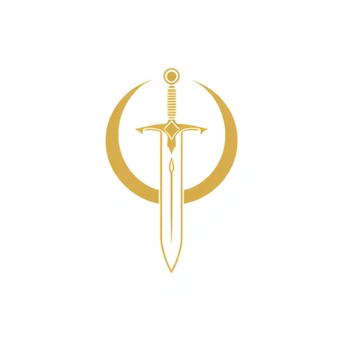 AI Design for A minimalist emblem of a medieval claymore sword with a crescent moon behind it. The design should be elegant and ornamental, with clean lines, using only white and gold colors. The logo must look like a heroic insignia suitable for a superhero chest symbol.