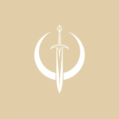 AI Design for A minimalist emblem of a medieval claymore sword with a crescent moon behind it. The design should be elegant and ornamental, with clean lines, using only white and gold colors. The logo must look like a heroic insignia suitable for a superhero chest symbol.