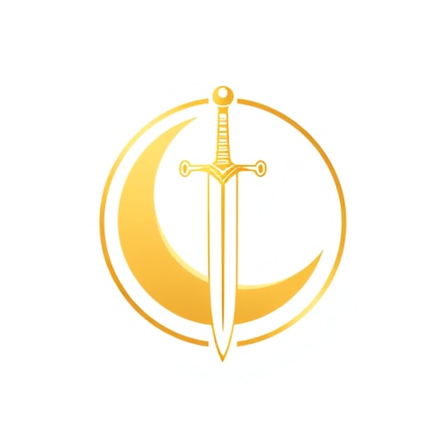 AI Design for A clean and simple emblem of a medieval claymore sword with subtle decorative details, placed in front of a crescent moon. The logo is gold, inside a circle, on a white background. The design should be bold, clear, and iconic, suitable for a comic book superhero chest insignia.