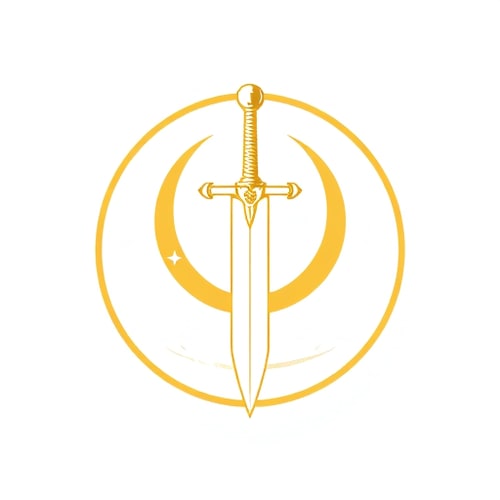 AI Design for A clean and simple emblem of a medieval claymore sword with subtle decorative details, placed in front of a crescent moon. The logo is gold, inside a circle, on a white background. The design should be bold, clear, and iconic, suitable for a comic book superhero chest insignia.