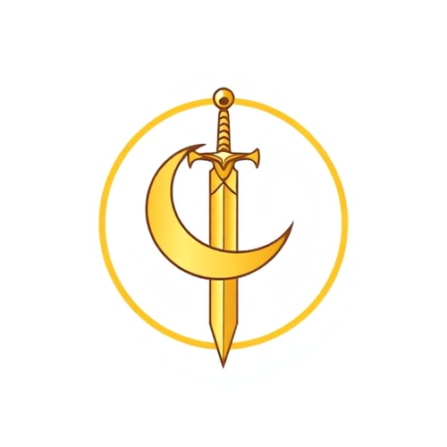 AI Design for A gold emblem of a medieval sword with the crescent moon integrated into the blade itself, forming a subtle curve. The logo is inside a circle on a white background, simple and clear, suitable for a comic book chest symbol. Bold lines, iconic and heroic.