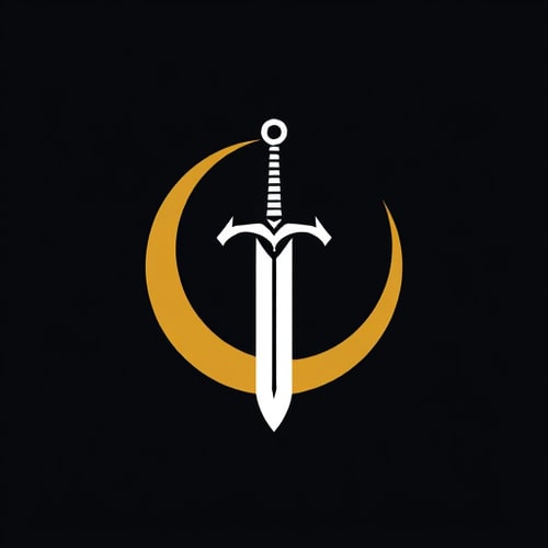 AI Design for A minimalist emblem of a medieval claymore sword with a crescent moon behind it. The design should be elegant and ornamental, with clean lines, using only white and gold colors. The logo must look like a heroic insignia suitable for a superhero chest symbol.