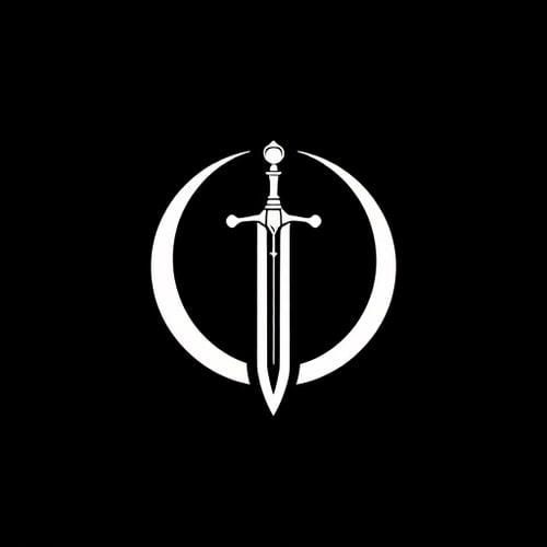 AI Design for A minimalist emblem of a medieval claymore sword with a crescent moon behind it. The design should be elegant and ornamental, with clean lines, using only white and gold colors. The logo must look like a heroic insignia suitable for a superhero chest symbol.