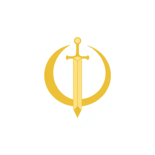 AI Design for A minimalist gold emblem of a medieval sword with a crescent moon behind it, stylized with clean lines. The sword is centered in a circle, on a white background. Bold and iconic design, perfect for a comic book superhero chest insignia, with a heroic and elegant feel.