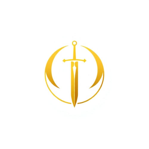 AI Design for A minimalist gold emblem of a medieval sword with a crescent moon behind it, stylized with clean lines. The sword is centered in a circle, on a white background. Bold and iconic design, perfect for a comic book superhero chest insignia, with a heroic and elegant feel.