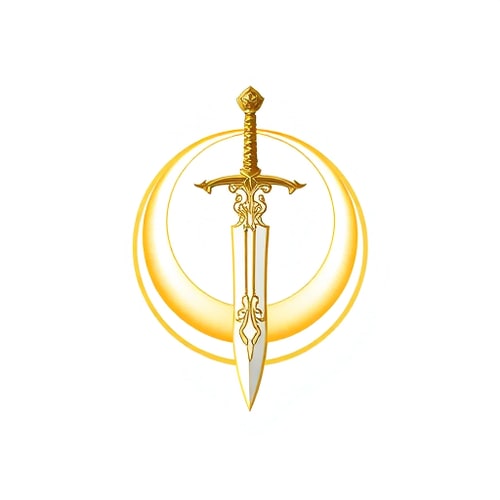 AI Design for A detailed emblem of a medieval claymore sword with intricate designs on the blade and hilt, placed in front of a crescent moon. The logo is entirely gold, set inside a perfect circle, on a white background. The style should be ornamental and heroic, suitable as a superhero chest insignia, emphasizing elegance and medieval motifs.