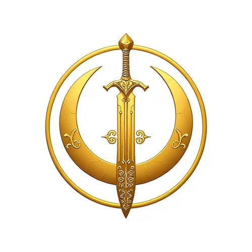 AI Design for A detailed emblem of a medieval claymore sword with intricate designs on the blade and hilt, placed in front of a crescent moon. The logo is entirely gold, set inside a perfect circle, on a white background. The style should be ornamental and heroic, suitable as a superhero chest insignia, emphasizing elegance and medieval motifs.