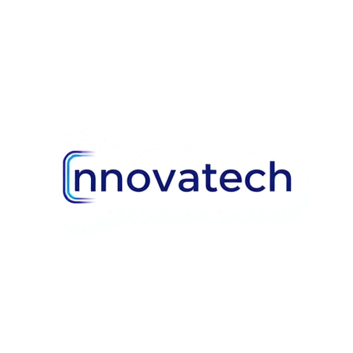 AI Design for Minimalist for a modern tech company named "Innovatech": Abstract geometric lines representing data flow, gradient of electric blue and deep purple, sleek sans-serif font. Design with a futuristic and clean influence, using sharp angles and smooth curves, with a subtle glowing effect, on a white background.