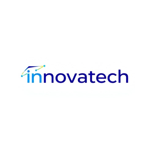 AI Design for Minimalist for a modern tech company named "Innovatech": Abstract geometric lines representing data flow, gradient of electric blue and deep purple, sleek sans-serif font. Design with a futuristic and clean influence, using sharp angles and smooth curves, with a subtle glowing effect, on a white background.