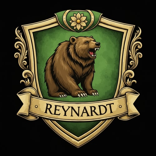 AI Design for Medieval fantasy noble house shield logo , featuring a bear and the name Reynardt. Green colours with gold detailing and flower decoration.