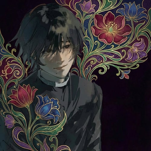 AI Design for [Stylized floral pattern with intricate details] — [Expanded on the topside and leftside to create a larger, more ornate design], [Rich jewel tones with accents of gold and emerald green], [Soft, ethereal lighting with a sense of depth and mystery], [Art Nouveau influence with organic curves and flowing lines], [Delicate, hand-drawn quality with subtle textures and shading], [Dark, velvety background].