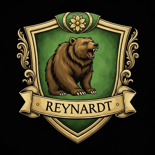 AI Design for Fantasy noble house family shield logo featuring a bear. the main colors should be green, with gold details. it should also contain the name Reynardt