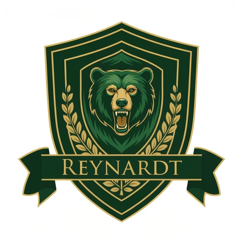 AI Design for Fantasy noble house family shield logo featuring a bear. the main colors should be green, with gold details. it should also contain the name Reynardt