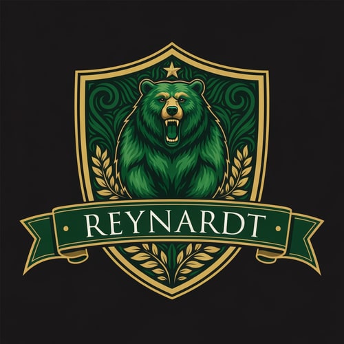 AI Design for Fantasy noble house family shield logo featuring a bear. the main colors should be green, with gold details. it should also contain the name Reynardt