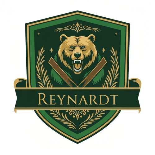 AI Design for Fantasy noble house family shield logo featuring a bear. the main colors should be green, with gold details. it should also contain the name Reynardt