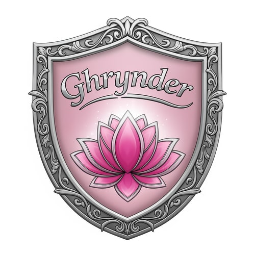 AI Design for Fantasy house logo, in the form of a shield, with the colours silver and pink. it should contain a lotus flower as symbol. It also needs to feature the name "Ghrynder"