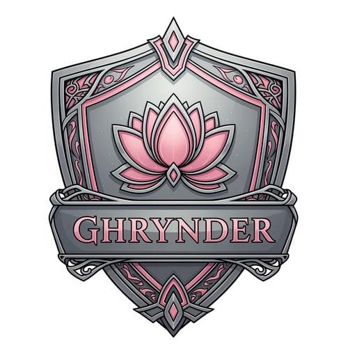 AI Design for Fantasy house logo, in the form of a shield, with the colours silver and pink. it should contain a lotus flower as symbol. It also needs to feature the name "Ghrynder"