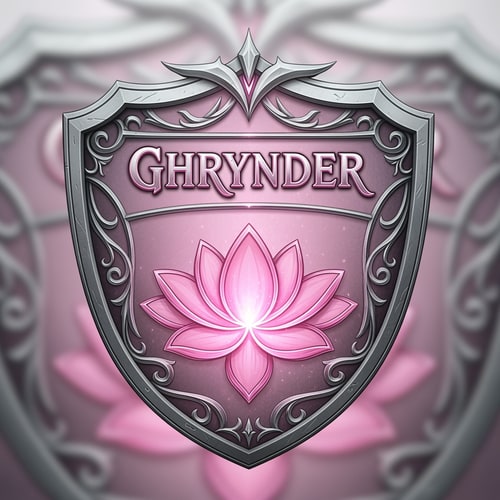 AI Design for Fantasy house logo, in the form of a shield, with the colours silver and pink. it should contain a lotus flower as symbol. It also needs to feature the name "Ghrynder"