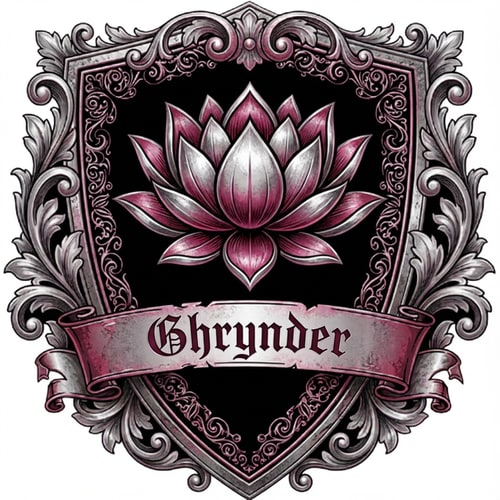 AI Design for Fantasy house logo, in the form of a shield, with the colours silver and pink. it should contain a lotus flower as symbol. It also needs to feature the name "Ghrynder"