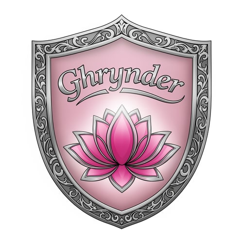 AI Design for Fantasy house logo, in the form of a shield, with the colours silver and pink. it should contain a lotus flower as symbol. It also needs to feature the name "Ghrynder"