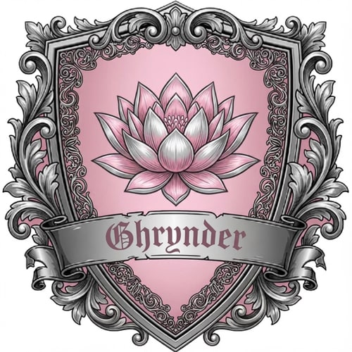 AI Design for Fantasy noble house logo, in the form of a shield, with the colours silver and pink. it should contain a lotus flower as symbol. It also needs to feature the name "Ghrynder"