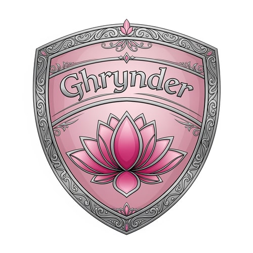 AI Design for Fantasy house logo, in the form of a shield, with the colours silver and pink. it should contain a lotus flower as symbol. It also needs to feature the name "Ghrynder"