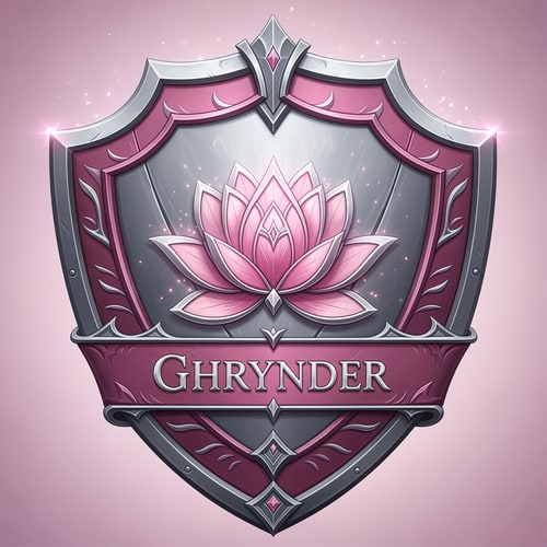 AI Design for Fantasy house logo, in the form of a shield, with the colours silver and pink. it should contain a lotus flower as symbol. It also needs to feature the name "Ghrynder"