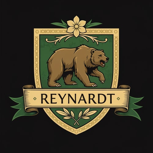 AI Design for Medieval fantasy noble house shield logo , featuring a bear and the name Reynardt. Green colours with gold detailing and flower decoration.