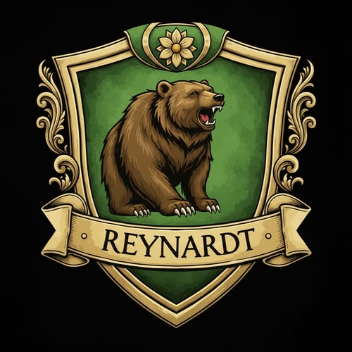 AI Design for Medieval fantasy noble house shield logo , featuring a bear and the name Reynardt. Green colours with gold detailing and flower decoration.