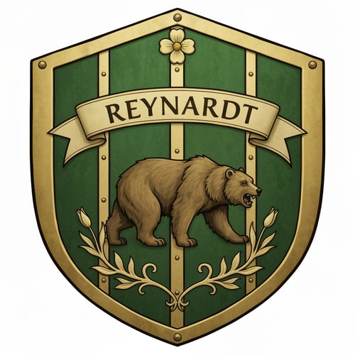 AI Design for Medieval fantasy noble house shield, featuring a bear and the name Reynardt. Green colours with gold detailing and flower decoration.