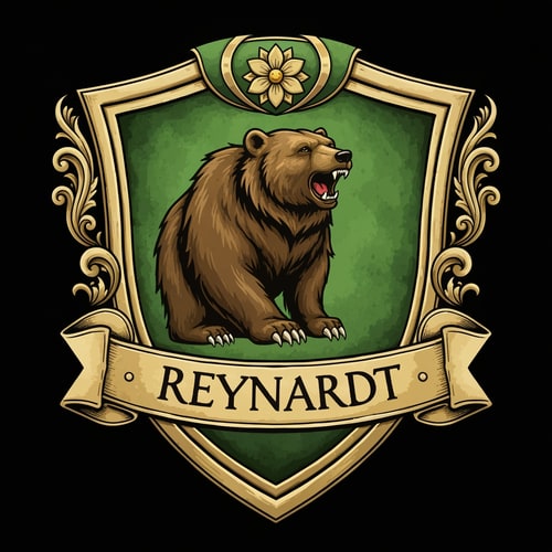 AI Design for Medieval fantasy noble house shield logo , featuring a bear and the name Reynardt. Green colours with gold detailing and flower decoration.