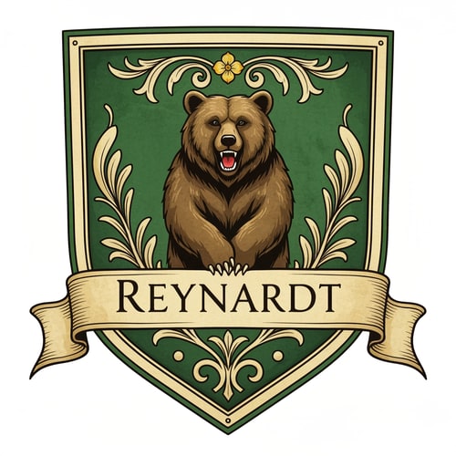 AI Design for Medieval fantasy noble house shield logo , featuring a bear and the name Reynardt. Green colours with gold detailing and flower decoration.