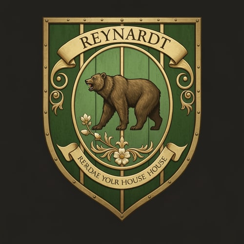 AI Design for Medieval fantasy noble house shield, featuring a bear and the name Reynardt. Green colours with gold detailing and flower decoration.