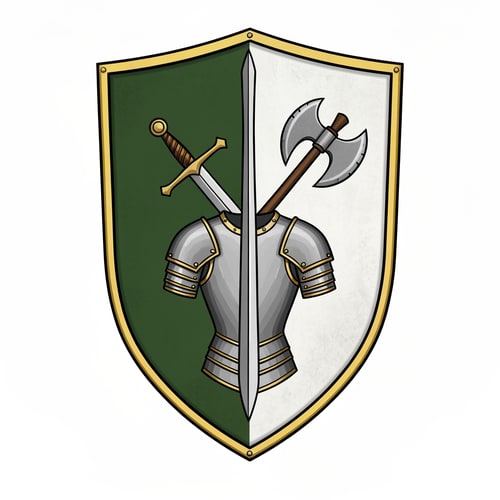 AI Design for make me a medieval shield, with on the banner a sword, axe and armor. the shield should be left green, rightside white, with gold accents. make it look like its made for a medieval server