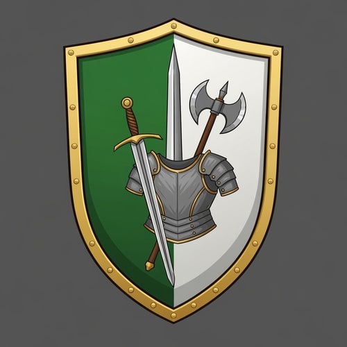 AI Design for make me a medieval shield, with on the banner a sword, axe and armor. the shield should be left green, rightside white, with gold accents.