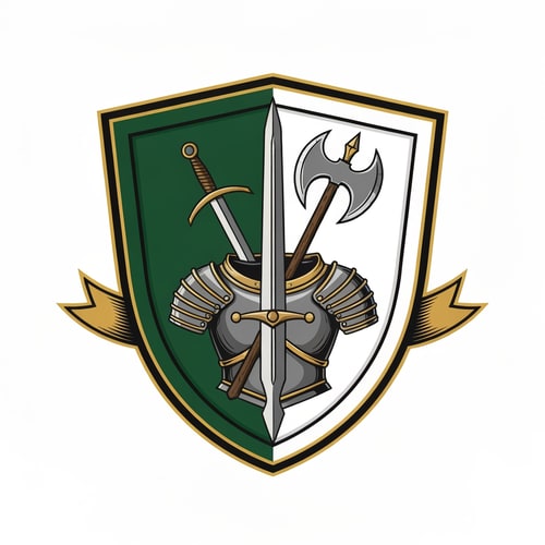 AI Design for make me a medieval shield logo, with on the banner a sword, axe and armor. the shield should be left green, rightside white, with gold accents